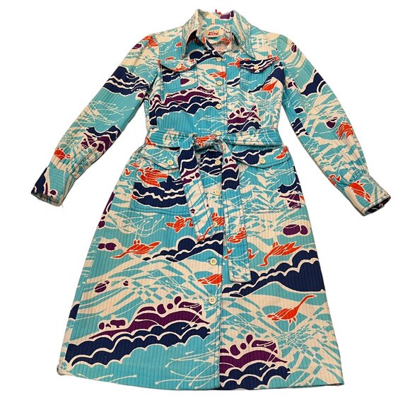 Toby Tanner Vintage 60s Abstract Belted Shirt Dress, Pockets, Blue Orange 10 - Picture 6 of 10